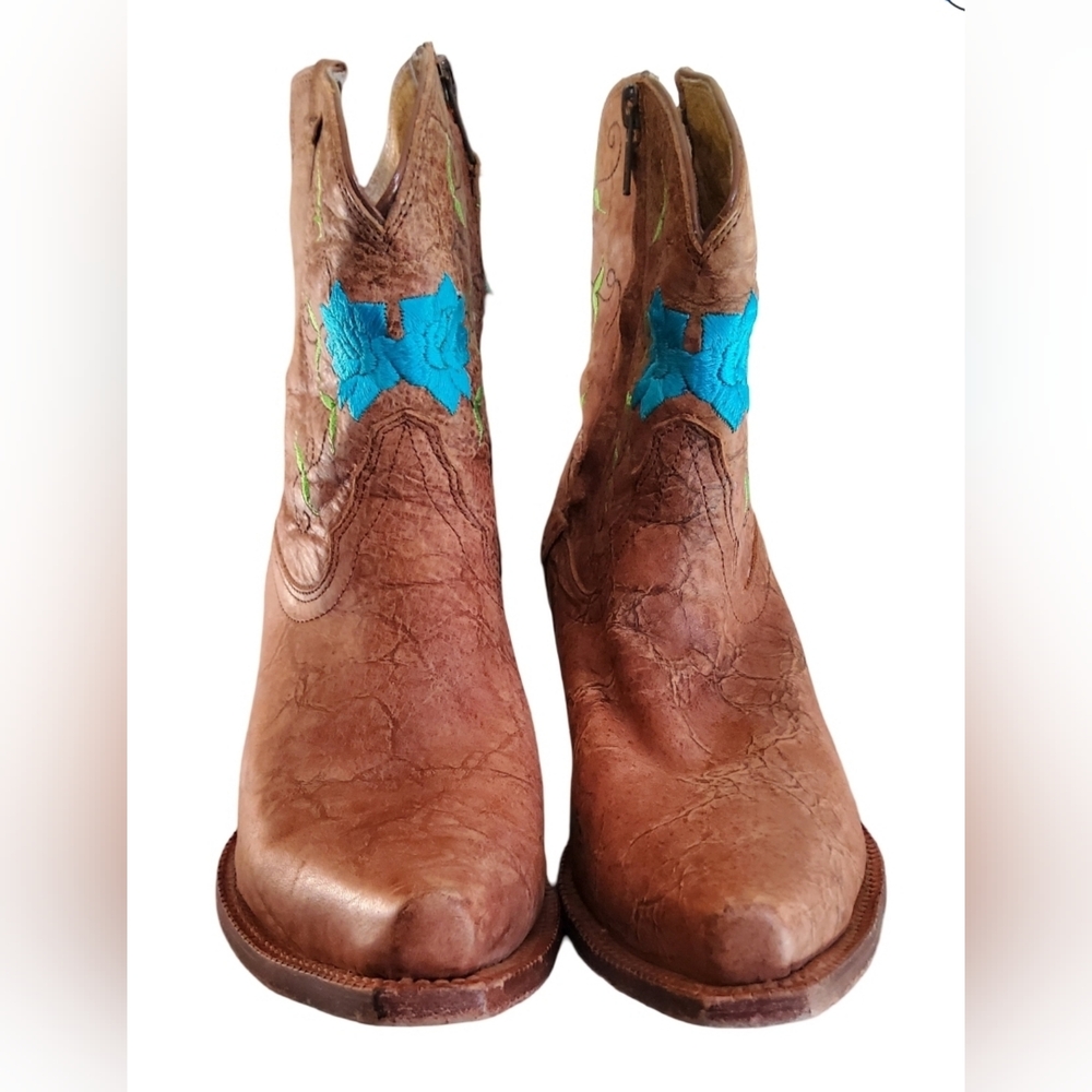 Tony Lama Brown Leather Boots with Colorful Embroidery
